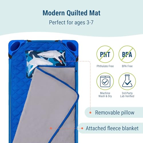 Image of Wildkin Modern Kids Nap Mat with Pillow for Boys - Soft & Cozy Cotton Blend, Elastic Straps, Toddler Sleep Mat for Daycare, Preschool, Kindergarten & Travel, Ages 3-7, Machine Washable - Sharks