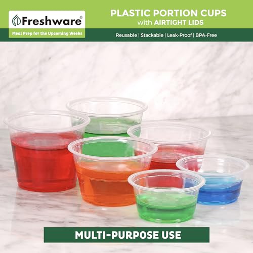Freshware Plastic Portion Containers with Lids [2 Ounce, 100 Sets] - Clear, Meal Prep, Salad Dressing, Jello Shot & Dipping Sauce Cups by Freshware - Image 2