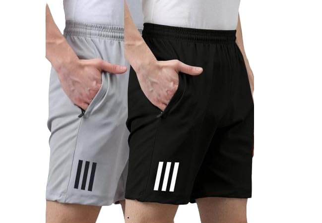 Men's Sports Shorts, Stretchable, 2 Inch Elastic Band, Side Zipper Pocket, Pack of 2, Grey and Black-picture-20