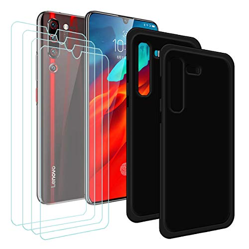 DQG Funda para Lenovo Z6 Pro + 4 Piezas Protector de Pantalla Cristal Templado Film 2-Pack Negro Suave TPU Silicona Cover Carcasa Caso Case para Lenovo Z6 Pro (6.39')