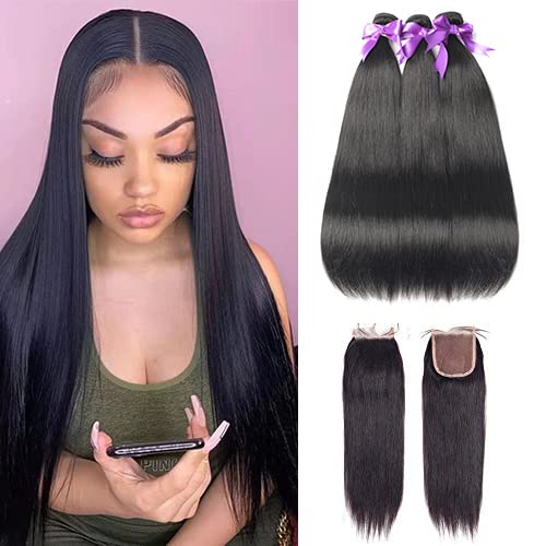 Straight Hair Bundles with Closure (16 18 20+14 Closure) 100% Brazilian Straight Virgin Hair 3 Bundles with Lace Closure Free Part Human Hair Extensions Natural Black Color