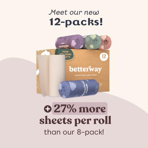 Image of Betterway Bamboo Paper Towels 12 Pack - Unbleached, Non Toxic, PFAS Free - 140 Sheets /Roll, 2-Ply, No Plastic, No Dyes, Eco Friendly, Compostable, Sustainable, FSC Certified, Natural Brown