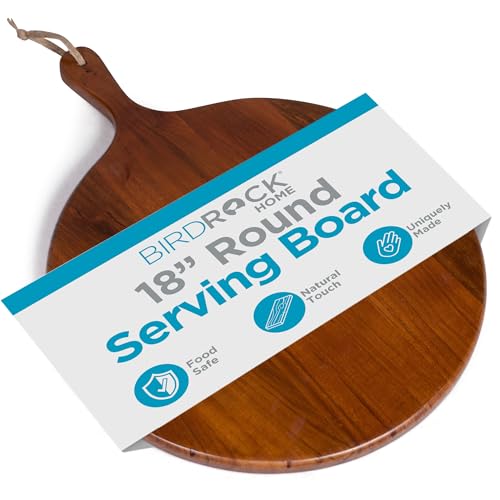 BIRDROCK HOME Acacia Wooden Cheese Serving Board with Handle - Charcuterie, Appetizers, Kitchen Platter, Grazing Board, Pizza, Meat, Bread, Cutting, Party, Food Display Tray - Espresso, 18', Round