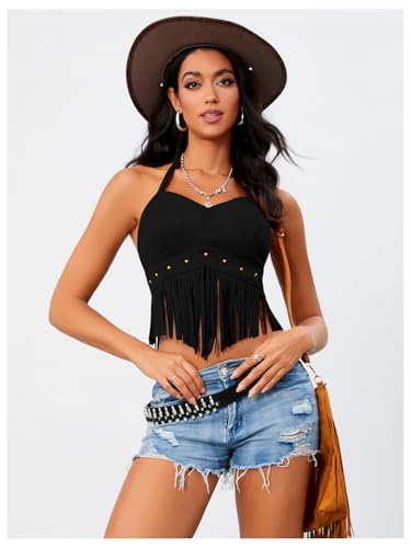 Women's Y2K Fringe Western Tops Halter Tassel Cowgirl 70s Hippie Top3