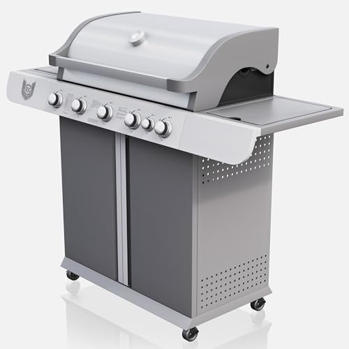 BBQ CHIEF Vision Gasgrill - 5 Brenner Edelstahl, 15 kW, Seitenbrenner, 2,5 kW, Gussrost, Warmhalterrost, Deckel, Thermometer, Rollen - Grill, Grillwagen, Grillstation, Camping,... – Bild 3