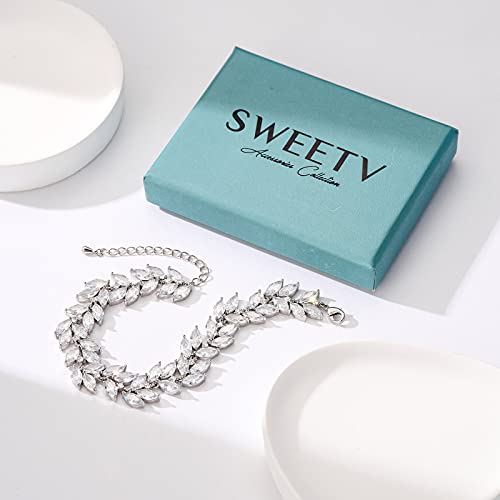 Sweetv Marquise Wedding Bracelets For Brides Bridesmaids, Adjustable Bridal Bracelet For Wedding, Crystal Cubic Zirconia Tennis Bracelet For Women (Silver.) #TOP6