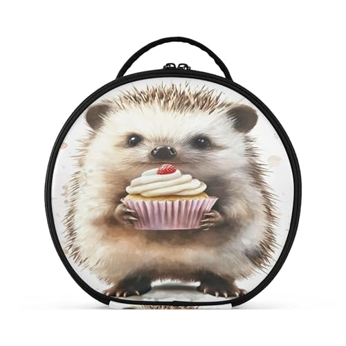 Takiito Cute Hedgehog Holding Cupcake Travel Makeup Case Portable Makeup Box Artist Cosmetic Case Organizer With Adjustable Dividers