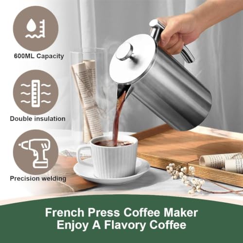 Image of 600 ML French Press Coffee Maker Double Insulated 304 Stainless Steel Coffee Maker with 4 Level Premium Filtration System Rust-Free Dishwasher Safe