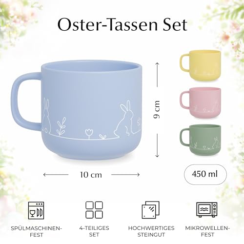 MIAMIO – Ostertassen Set / 4 × 450 ml Keramik Kaffeetassen in Pastellfarben/große Kaffee- und Teetassen im modernen Design – Ostergeschenke für Erwachsene und Frauen - Prim Kollektion (Pastel)