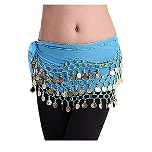 Image of VRITRAZ Women's Chiffon Belly Dance Hip Scarf Waistband Belt Skirt Mixed Colors Beads and Golded Coins 56 Black