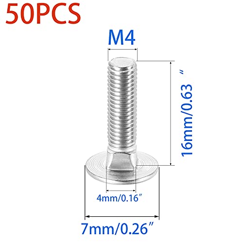 Image of 50 Pcs Carriage Bolts, Coach Bolts,Neck Carriage Bolt, Round Head, Square Neck, Zinc Plated (M4-0.7x16mm)