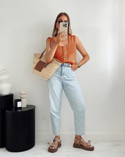 Image of Yousify Womens Sweater Vest Summer Ribbed Tank Tops Sleeveless Button Down Shirts Scoop Neck Top for Women