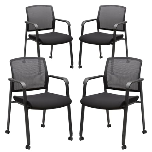 Image of CLATINA Mesh Back Guest Reception Arm Chairs with Wheels, Waiting Room Chairs with Upholstered Fabric Seat and Ergonomic Lumbar Support for Office Conference School Church Black (4 Pack)