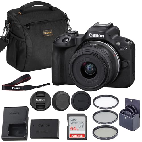 Canon EOS R50 Mirrorless Camera with 18-45mm Lenss, 24.2MP APS-C, 4K Video, Dual Pixel CMOS AF II, Vari-Angle Screen, Wi-Fi, Bluetooth + 64GB SD Card, Shoulder Bag, 3 Filter Kit, 1-Year Warranty