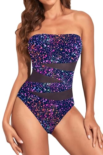 Image of Holipick Women Sexy One Piece Swimsuit Strapless Bathing Suits | Bandeau Neckline, Mesh Cutout Design, Push Up Removable Pads, High Cut, Removable Straps, Pool Beach Cruise Resort