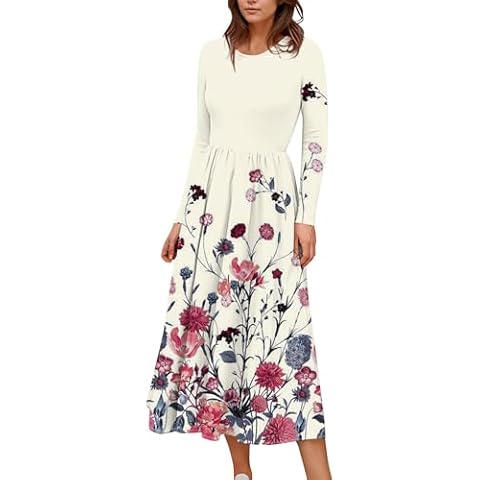 ZEFOTIM Floral Formal Dress for Women, Easter Dress for Women Long Sleeve Tea Dress for Women Easter Dress Women Bloomchic Dresses for Women Vestido Long Dresses for Women White Large Cover
