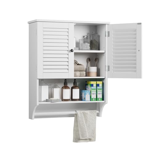 ELUREVIA Meuble Salle de Bain Mural 2 Portes, Étagères Réglables avec Barre à Serviettes Blanc