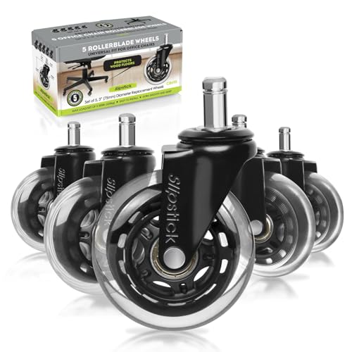Slipstick Premium Rubber Office Chair Caster Wheels (Set of 5) 3 Inch Chair Wheels for All Hard Surface Floors & Carpet, Heavy Duty Chair Replacement Wheels, Universal Fit 7/16 Inch Stem by Slipstick - Used condition - US$18.43