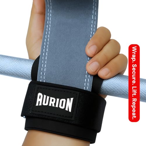 Image of Aurion Premium Suede Leather Lifting Straps | Padded Wrist Support for Weightlifting & Bodybuilding | Non-Slip 19 inch Deadlift Straps for Gym Workout | Adjustable Wraps for Men & Women (Grey)