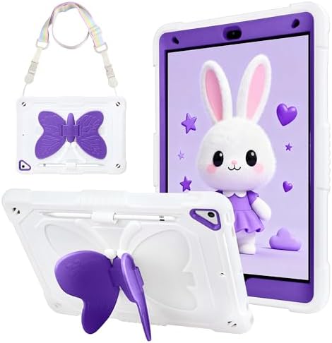 WESADN for iPad 9th Generation Case 8th 7th Gen 10.2 inch 2021 with Kickstand Butterfly Wings Lanyard Carrying Strap Rugged Cases Pencil Holder Girls Kids Cover for iPad 10.2 Case, White Purple