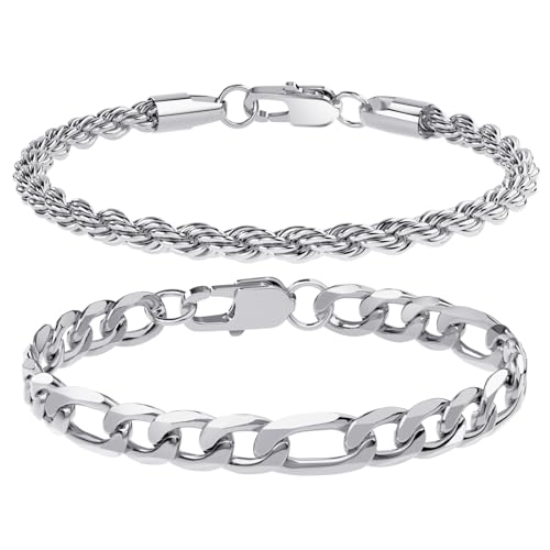 UHIBROS 316L Stainless Steel Chain Bracelet for Men Women, 18K Gold Sturdy Metal Link, Silver Black Cuban/Figaro/Paperclip/Rope Fashion Jewelry Set for Dad, Boyfriend, Husband, Girlfriend