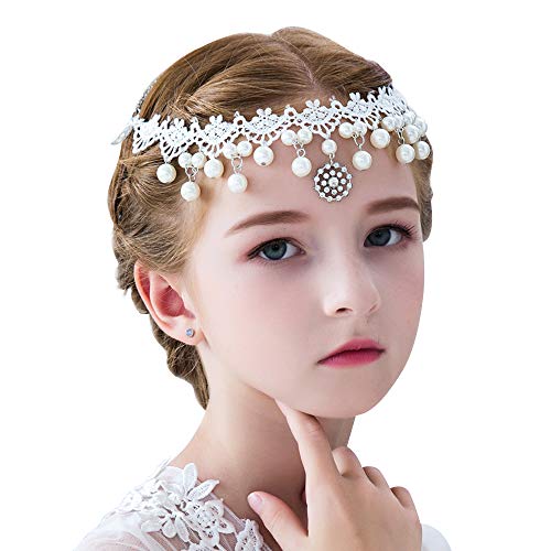 NODG Lace Forehead Headband Chain Bridal Bridesmaid Wedding Headpiece Beaded Forehead Band Crystal Pearl Lace Wedding Head Band