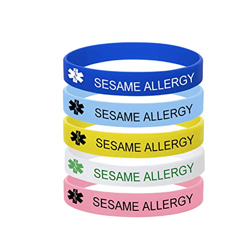 5 Pack-Sesame Allergy Bracelet Medical Alert ID Jewelry Food Allergy Bracelet,100% Silicone Rubber Safety ID Outdoor Sport Health Warning Bracelet Band,7.48