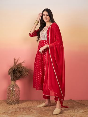 Image of INDO ERA Navy Blue A-Line Embroidered Silk Kurta Trouser With Dupatta Set For Women