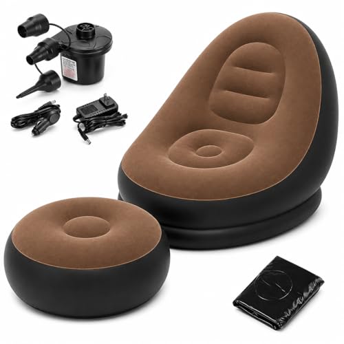 Image of Inflatable Lounge Chair for Adults with Ottoman, Foldable Air Sofa Couch, Portable Blow Up Chair for Living Room Bedroom, Comfortable Indoor Seating, 150 kg Capacity (Coffee)