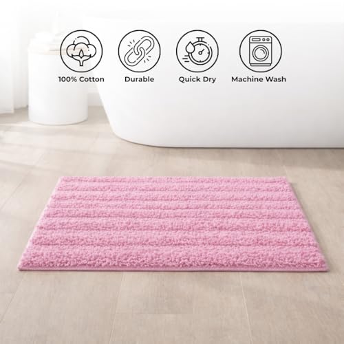 Image of Premium Combed Cotton Tufted Bathmat 50 x 80 cm, 1800 GSM Soft Absorbent Anti Skid Bathroom Floor Mat with Latex Backing, Quick Dry Non Slip Bath Rug for Shower & Daily Use, Stripes Rose