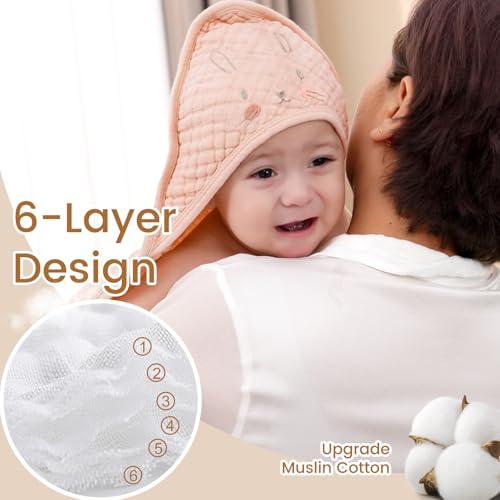 Image of david's kids 2 Pack Hooded Baby Towels, Large 32 inchx32 inch, 6 Layer 100% Muslin Cotton Highly Absorbent Girl Bath Towel for Newborn, Infant, Toddler, Soft and Breathable Baby Essentials, Floral & Butterfly