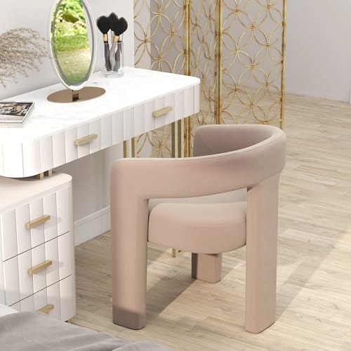 Image of HNY Modern Barrel Kitchen & Dining Room Chair, Velvet Upholstered Accent Chair with Arm, 18.5'' Wide Side Armchair Vanity Chair for Living Room Bedroom Makeup Small Spaces, Khaki