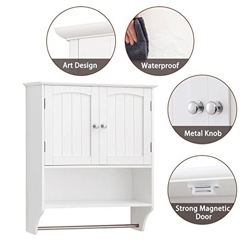 Iwell Wall Bathroom Cabinet With 2 Shelf & Towels Bar, Medicine Cabinet With 2 Doors For Bathroom, Wall Mount Bathroom Cabinet, Over The Toilet Space Saver Storage Cabinet, White #TOP6