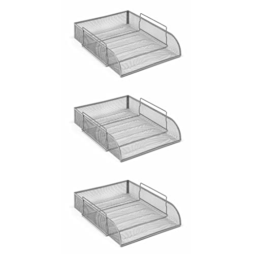 OSCO Wire-Mesh Letter Tray Portrait A4 & Foolscap, Scratch-Resistant High-Density Metal, Stackable Front-Load Desktop Organiser, Office File Paper Sorter, 3 Pack, Silver