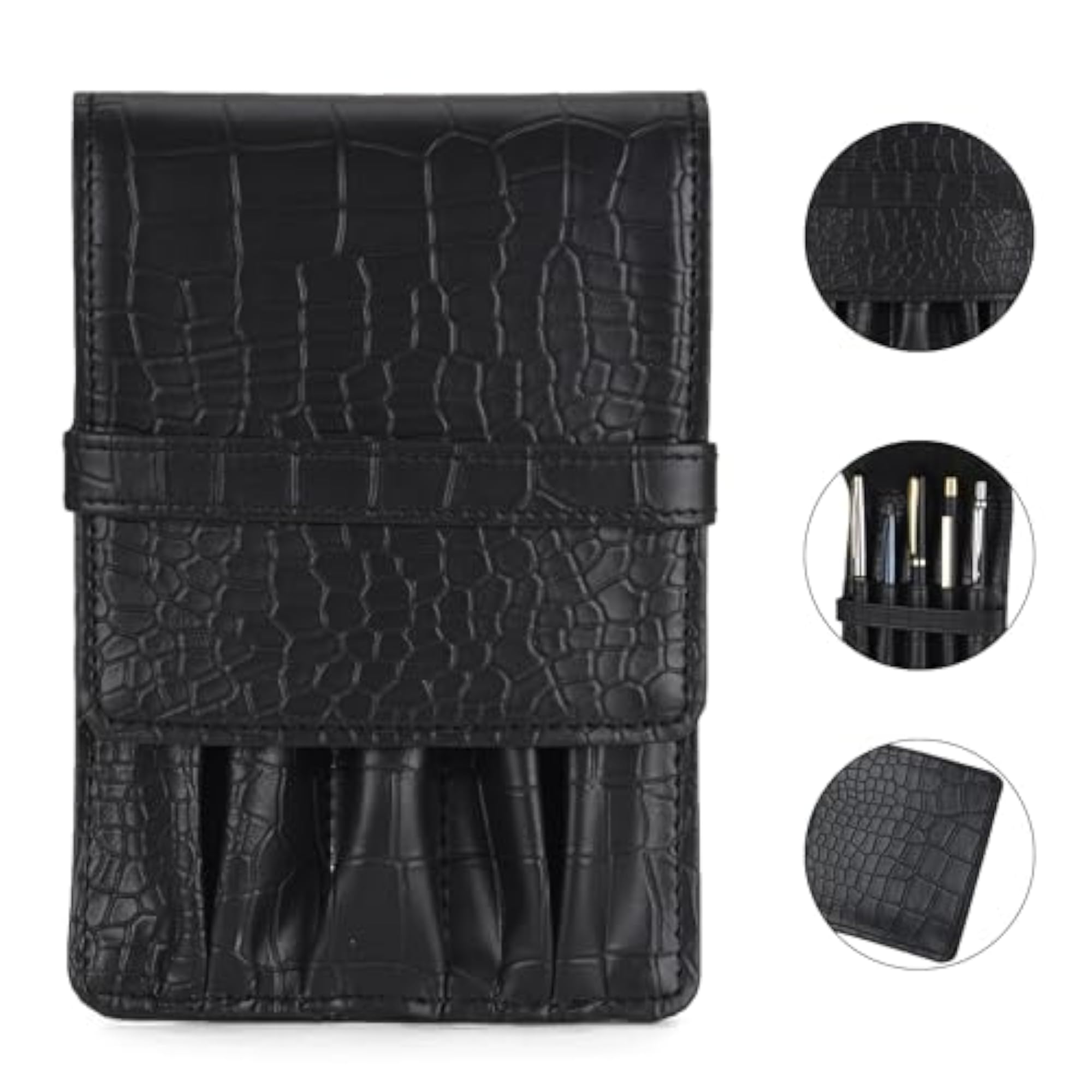 PU Leather Pen Holder for 5 Pens, Colour Croco-Black