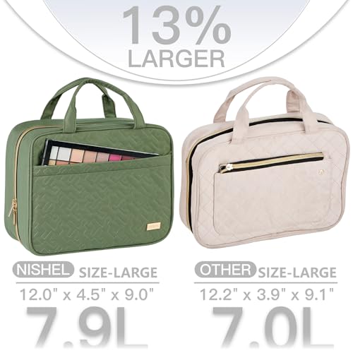 Image of NISHEL Large Double Layer Travel Makeup Bag Women, Cosmetic Case, Organizer for Travel-Size Accessories Bottles, Brushes, Conditioner, and Skin Care Products, Bronze Green