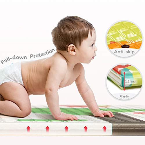 Foldable Play Mat |【Easy to Clean, Fold Up】Non- BPA Non-Toxic Foam Baby Playmat 79“ x 71inchx 0.6” Thick Extra Large Reversible Crawling Mat Portable Toddlers Kids (Cute Giraff)