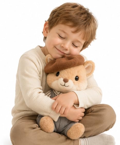 Image of Cuddles Squirrel Soft Toy Plush, Cute Stuffed Animal with Beret Hat and Overalls, Holding Pine Cones Size 30 cm