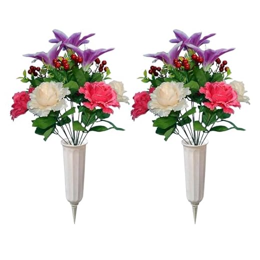 JIESHU Artificial Graveyard Flower with vase, Cemetery Flowers for Grave, Memorial Flowers, Perfect Cemetery Decorations for Grave (2)