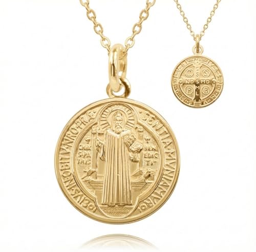 MAJALE Collar Medalla de San Benito en Acero Inoxidable Dorado o Plateado – Protección Espiritual – Cadena Resistente al Agua – Medalla Religiosa Hombre y Mujer (Oro_ 20mm)