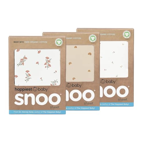 Happiest Baby SNOO Bassinet Fitted Sheet - 100% Organic Cotton Nursery Bedding - Fits SNOO Sleeper Crib Mattress - 3-Pack Bundle (Ivory Wildflowers Ivory Cherries Tan Rainbows)