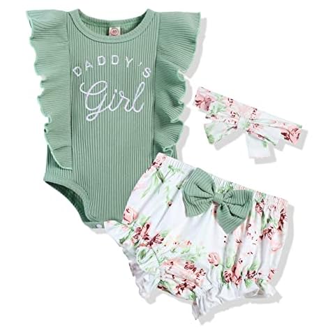 bilison Girl's Funny Letter Top Floral Pants With Headband Newborn Summer 3Pcs Sets Romper Outfit, Green-daddy's Girl, 0-3M Cover