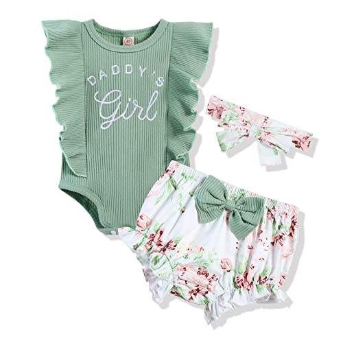 Image of bilison Girl's Funny Letter Top Floral Pants With Headband Newborn Summer 3Pcs Sets Romper Outfit, Green-daddy's Girl, 0-3M