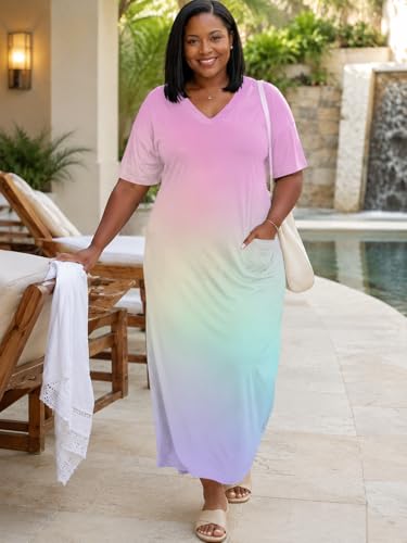 Image of SUZONANA Women Casual T-Shirt Dress V Neck Short Sleeve Solid Color Oversize Dress with Front Two Pockets