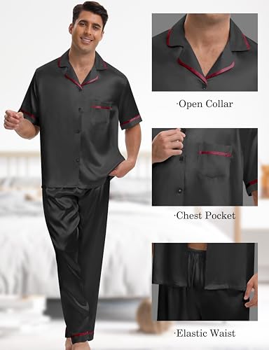 SEALINF Silk Pajamas for Men 4 Pcs Short Sleeve Button Down Sleepwear Satin Pajamas Set Shorts Long Pants Pjs with Sleep Mask3