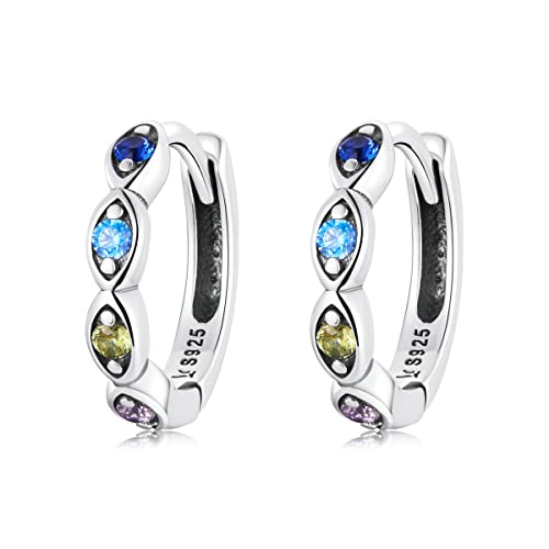 Rainbow Evil Eye Small Hoop Earrings Sterling Silver 925 Colorful Crystal Rhinestone CZ 10mm Cartilage Round Huggie Hoops Tragus Earring Fashion Jewelry Gifts for Women Girls