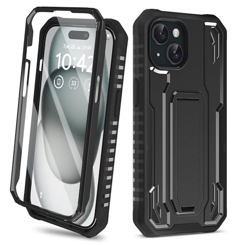 ORETECH for iPhone 15 Case, [Built-in Tempered Glass Screen Protector] [Built-in Kickstand] [Heavy Duty Protection] Full Body Military Grade Shockproof Anti-Silp Cover for iPhone 15 Phone Case - Black