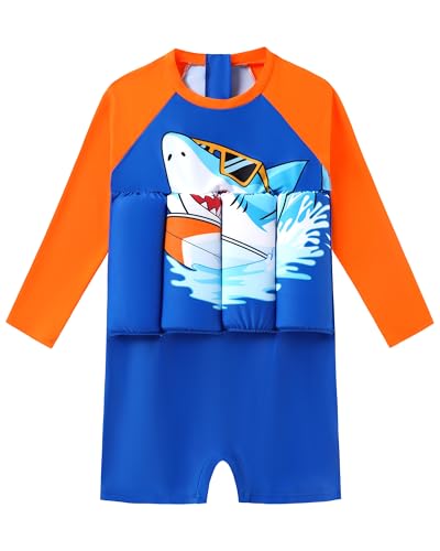 Toddler Boy Swimsuit Summer One Piece Long Sleeve Bathing Suits with Adjustable Buoyancy Float Suit Swimwear Shark Beach Toddler Swim Floaties 5t