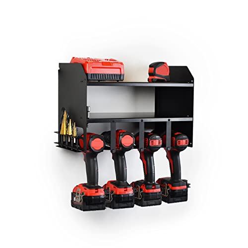 JBI MegaMaxx Power Tool 2-Shelf Storage Unit & Charging Station for 4 Drills - Wall Mount Toolbox and Accessories Rack Cabinet for Workshop, Garage, Shed
