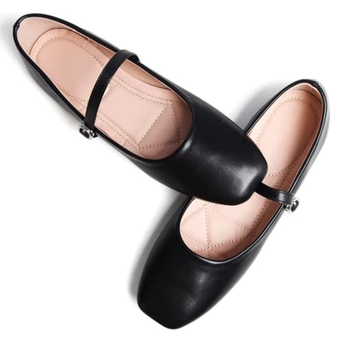 Stunner Ballet Flats for Women Women's Mary Jane Shoes Square Toe Casual Flats Comfortable Ankle Strap Flat Shoes Black 37(6) 23